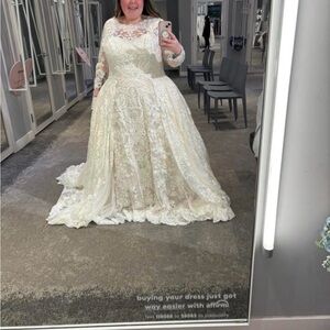 Oleg Cassini Beaded Lace Wedding Dress with Pleaded Skirt